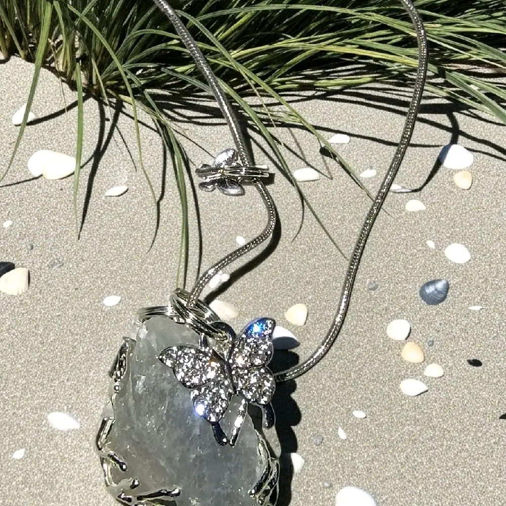 Celestite Heaven Stone Crystal Pendant Necklace with Butterfly Charm Jewelry