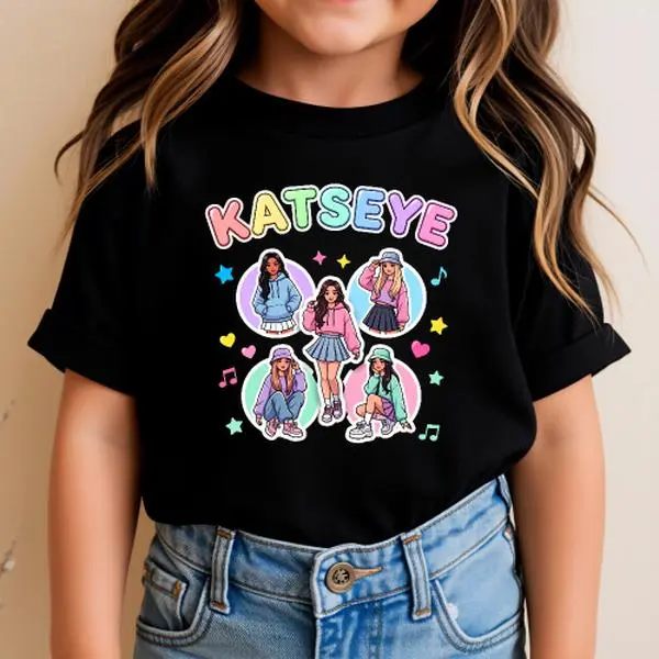 100% cotton KATSEYE Pop Girl Group Cute & Cool Graphic Shirt, Sticker Cutout Style Shirt Trendy Youthful Fan Shirt