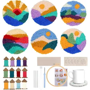 6PCS Punch Needle Coasters Kit, Punch Needle Kits Adults Beginner, DIY Cross Stitch Kits, Embroidery Kit for Beginners with Patterns, Tools, Yarns, Hoop, Instruction for Adults, Mother's Day Gifts