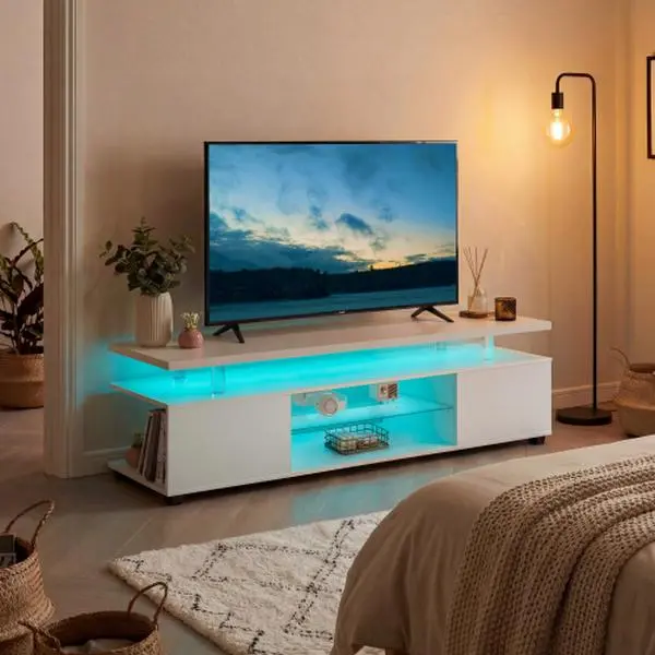 [Bellemave]TV Stand for 50-59 inches/ 60-69 inches TV LED Gaming Entertainment Center Media Storage Console Table with Large Side Cabinet for Living Room White
