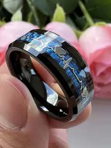 Carbon Fiber Heartbeat Ecg Stainless Steel Ring, Heart Design Ring, Retro Couple Ring for Men & Women, Heart Signet Ring, Trending Fashionable Accessory