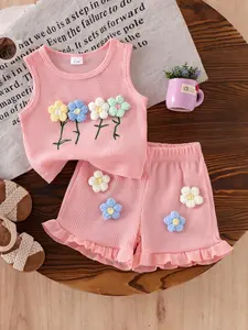Baby Girl Active Casual Style 2-Piece Set, Waffle Fabric with 3D Flower Decoration, Sleeveless Vest Top and Pleated Shorts