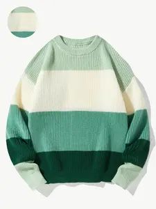 Men's Colorblock Knit Sweater Drop Shoulder Long Sleeve Ribbed Round Neck Fall Winter Casual Daily Fashion Top, must have item, trendy style, wardrobe staple, everyday wear, essential piece, wardrobe essential