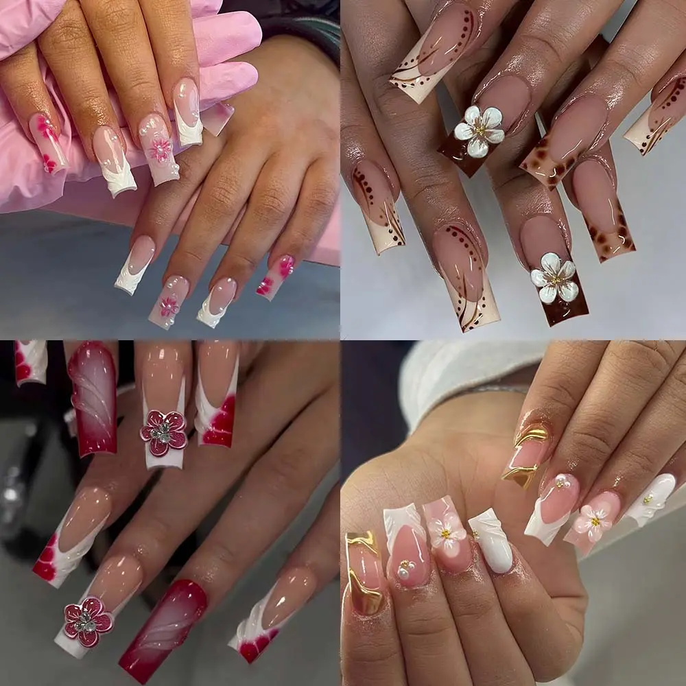 96pcs Medium Square French Press-On Nails, Glossy Acrylic Tips, DIY Nails, Glossy Fake Nails, Glossy False Nails, Leopard Print Pearl Design, Flower Design Nails, Suitable for Women and Girls