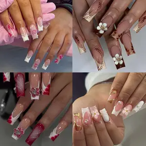 96pcs Long Square Nude French Press-On Nails, Perfect Fit Acrylic False Nail Set, Easy Wear for Parties Dance Daily Use, False Nail Tips, Flower Design Nails