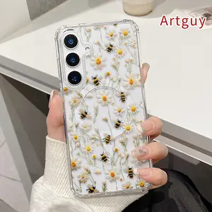 Magnetic Soft Case for  Samsung Galaxy S26 Edge S23 Ultra S24 Plus FE S25 S22+ Daisies and Bees Symphony Pattern Anti-Yellowing Shockproof ultra-thin Silicone Crystal Transparent Acrylic Large Hole Cover Supports Wireless Charging