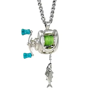 Mini Spinning Fishing Reel Necklace Pendant Rotating Handle Realistic Fish Charm Alloy Cuban Chain Interactive Jewelry For Anglers Fishing Enthusiasts Outdoor Lovers Men Women Daily Wear Fishing Trips Casual Wear Unique Fish Themed Gift Accessory