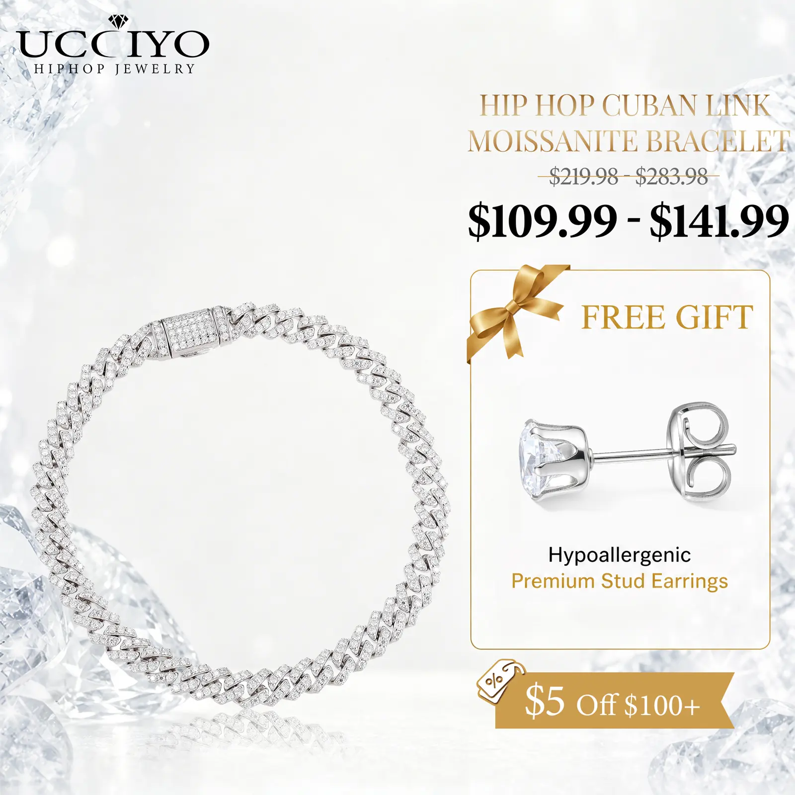 UCCIYO Cuban Chain Bracelet B62 D VVS1 Synthetic Moissanite S925 Sterling Silver Miami Cuban Chain Ice Out Men Singer Style Rap Hip Hop Jewelry【#B62 6mm】