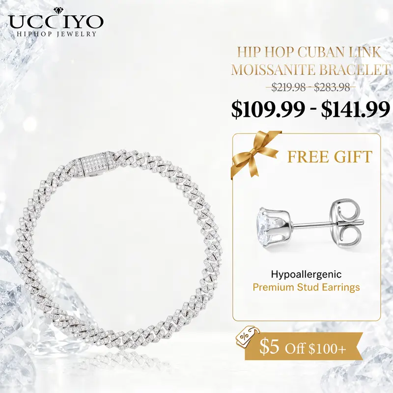 UCCIYO Cuban Chain Bracelet B62 D VVS1 Synthetic Moissanite S925 Sterling Silver Miami Cuban Chain Ice Out Men Singer Style Rap Hip Hop Jewelry【#B62 6mm】