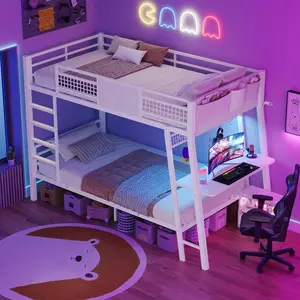 Sikaic Bunk Bed for Small Space, Twin Over Twin Bunk Beds with Desk, Power Outlets, RGB LED Lights, Storage, Metal Beds with Safety Guardrail & Ladders, No Box Spring Needed (White, Twin)