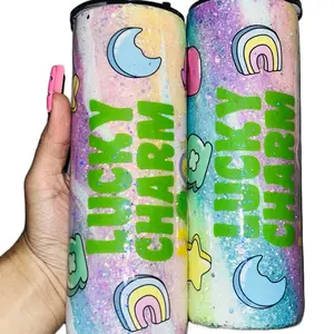 20oz Lucky Charm Glitter Tumbler with Lid and Metal Rainbow Straw - Perfect for Your Hot or Cold Drinks - Drinkware, Bottle Portable Washable Reusable