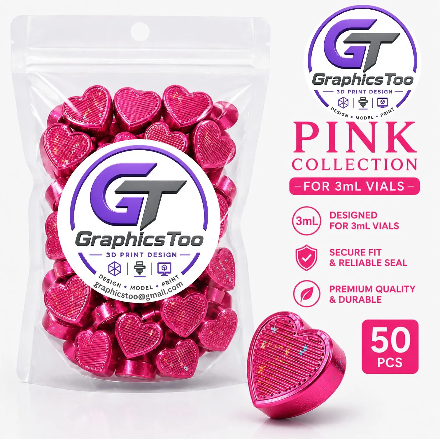 Pink Collection Heart Caps for 3mL Vials | 50PCS Decorative Snap-On Caps | Premium 3D Printed Accessories Organizing Aesthetic