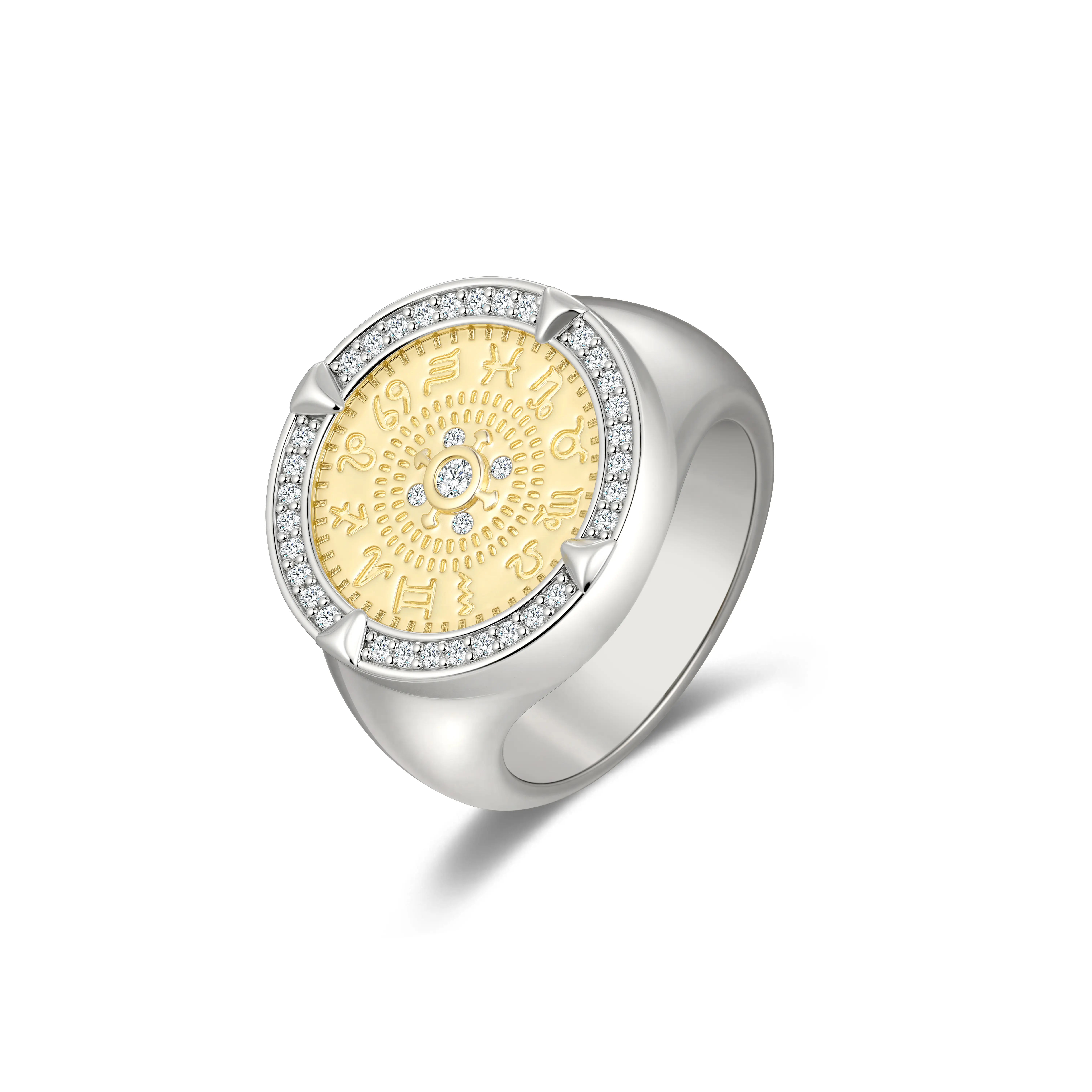 Aprilery Old School Coin Ring - Female Elegant Exaggerated Zodiac Symbols Medallion Ring, 2-Tone Cubic Zirconia Chunky Casual Wear Artificial Gemstone Jewelry tiktokshopbacktoschool