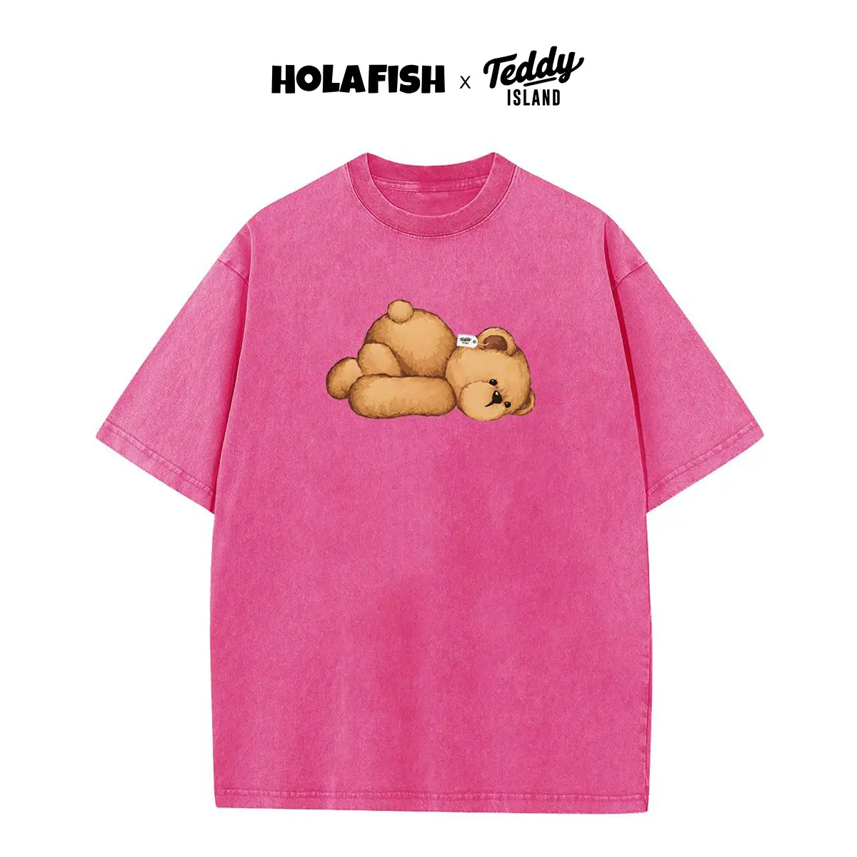 Holafish Acid Washed Shirts TeddyIsland Print Oversized Crewneck Half Short Sleeves Casual Graphic Tee Summer Comfortable Cotton Womenswear Streetwear summervibes
