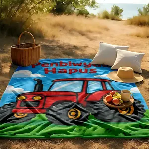 1 piece Red agricultural tractor and birthday wishes. themed flannel blanket - All-season flannel blanket, suitable for sofas and beds, super soft and comfortable, modern design, digitally printed pattern, 100% polyester material, machine washable