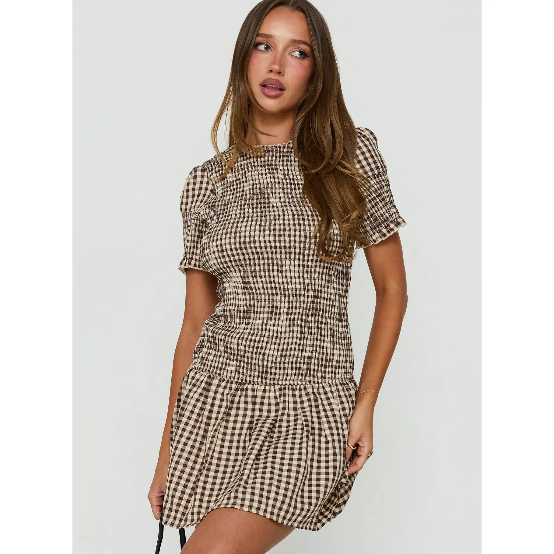 Laurita Shirred Mini Dress Brown Check