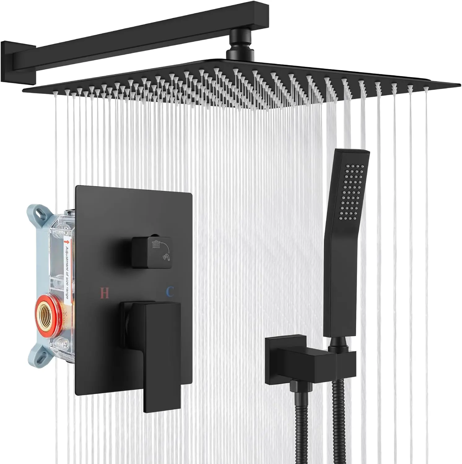 Rainfall Bathroom Shower System Rain Shower Head and Handle Set Wall Mounted Shower Complete Combo Solid Brass Pressure Balancing Shower Mixer Valve 16 Inch Matte Black