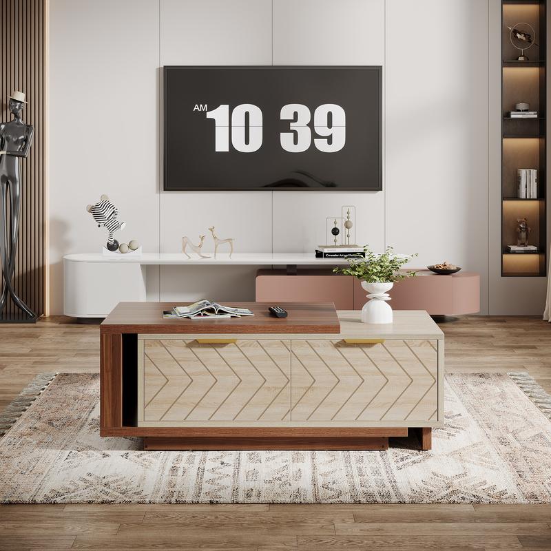 Tribesigns Extendable Coffee Table, 42"-65" Length Adjustable Reversible Wood Coffee Table with 2 Storage Drawers for Living Room, Large Long Rectangular Dual-Tone Center Table, Walnut & Oak