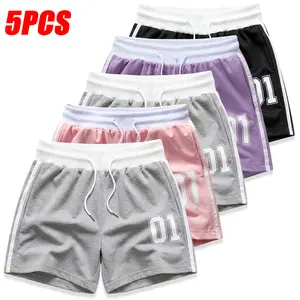 Set of 5 women’s shorts; comfortable fabric with drawstring and elastic waistband; numeric print; suitable for outdoor outings, gym workouts, and everyday casual wear; summer vibe; summer shorts.
