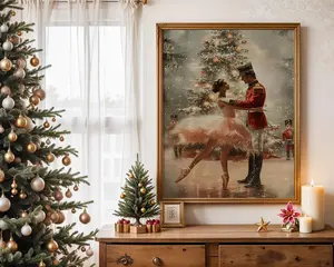 Nutcracker Ballet Christmas Wall Art, Ballerina and Soldier Dance Print, Festive Holiday Home Decor, Elegant Xmas Poster