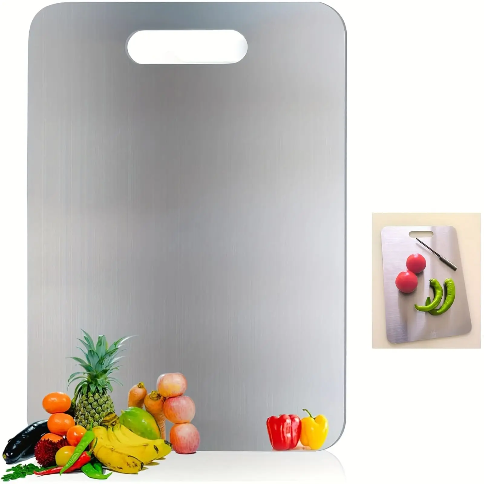 304 Stainless Steel Chopping Board with Handles - Food-Grade, Durable, Reversible, Non-Porous, Odor-Resistant, Easy-to-Clean Metal Chopping Board for Kitchen Prep (Fruit, Meat)