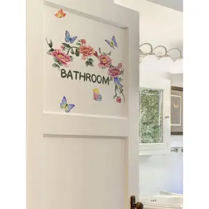 1Pc Floral & Butterfly Pattern Door Sticker Bathroom Decor, Stickers, Wall Decal, Vinly Decal For Home Decorations, Spring Decoration Items Refresh Your Home, Rama Decoration Stickers