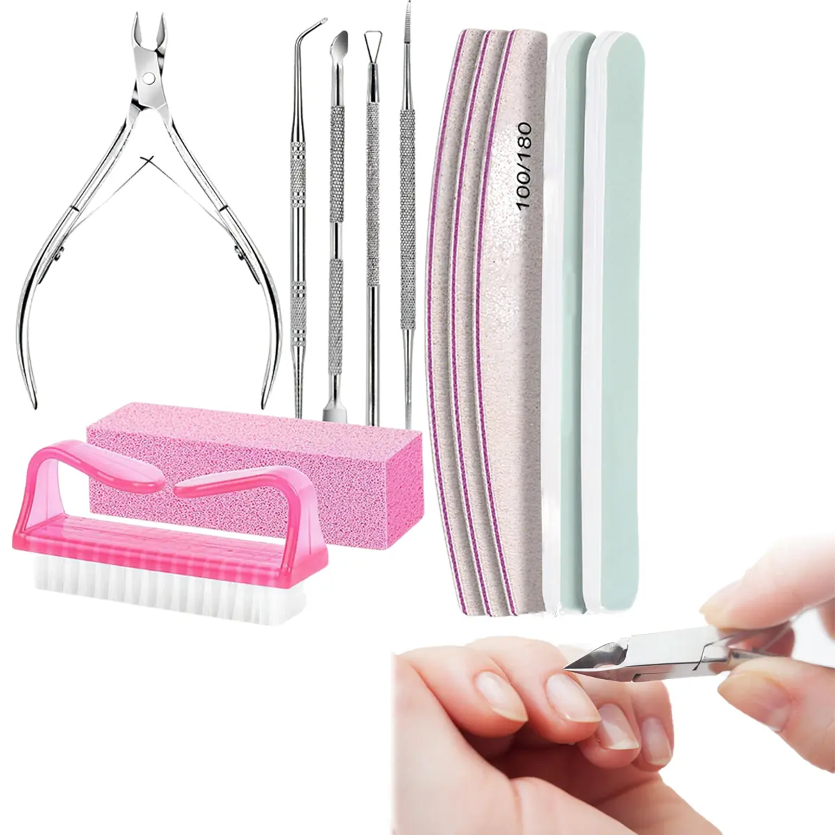 Women's 12 PCS Manicure & Pedicure Prep Kit, 100/180 Files, Buffer Block, Cuticle Nippers, Trimmer, Pusher, Care Tools
