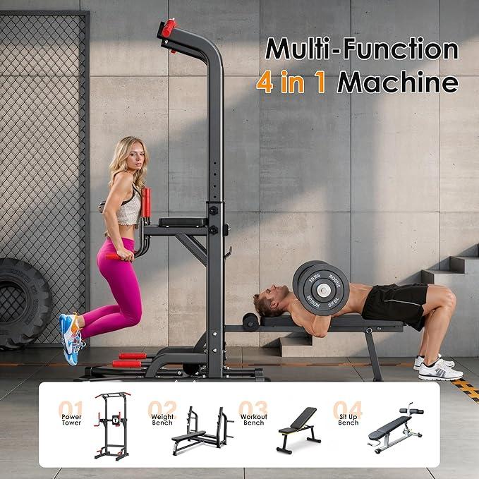 Nicole Selection Multi-Function Power Tower - Adjustable Pull Up & Dip Station with Folding Bench 330LBS Capacity Home Gym Equipment for Full Body Workout, 40YKMF6206B, For Christmas Gifts