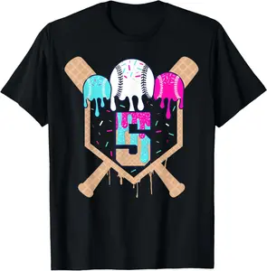 Baseball 5 Year Old Ice Cream Drip 5th Birthday Boy Number 5 T-Shirt - Cotton Fabric Youth Boys Girl T-shirt
