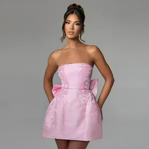 Embroidered Satin Strapless A-Line Mini Dress with Bow Detail – Elegant Homecoming, Prom & Party Gown