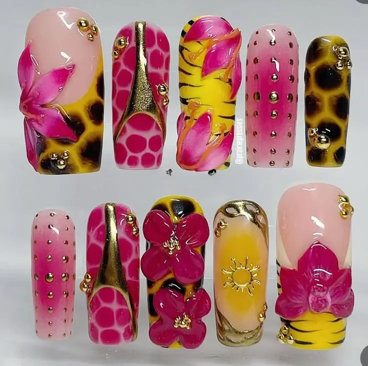 Handmade Luxury Animal Print Press On Nails | Pink & Gold 3D Leopard, Tiger & Giraffe Nails with Rhinestones and Metallic Chrome Accents with FREE Adhesive Tabs FREE Nail File FREE Cuticle Stick