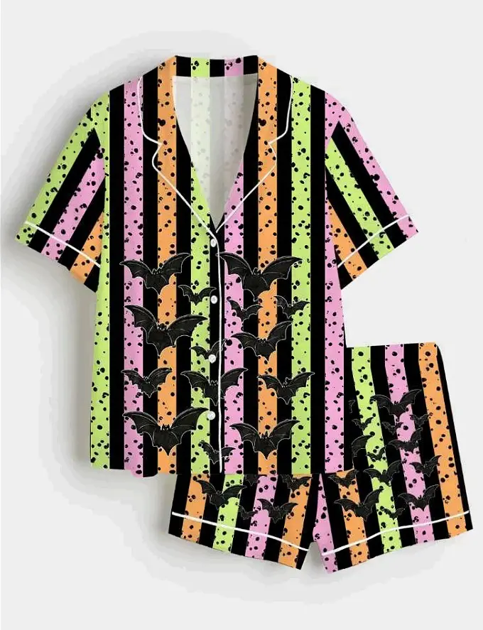 Women’s Colorful Bat Stripe Halloween Pajama Set, Black Bat Print Sleepwear, Short & Long Button Down Pajamas