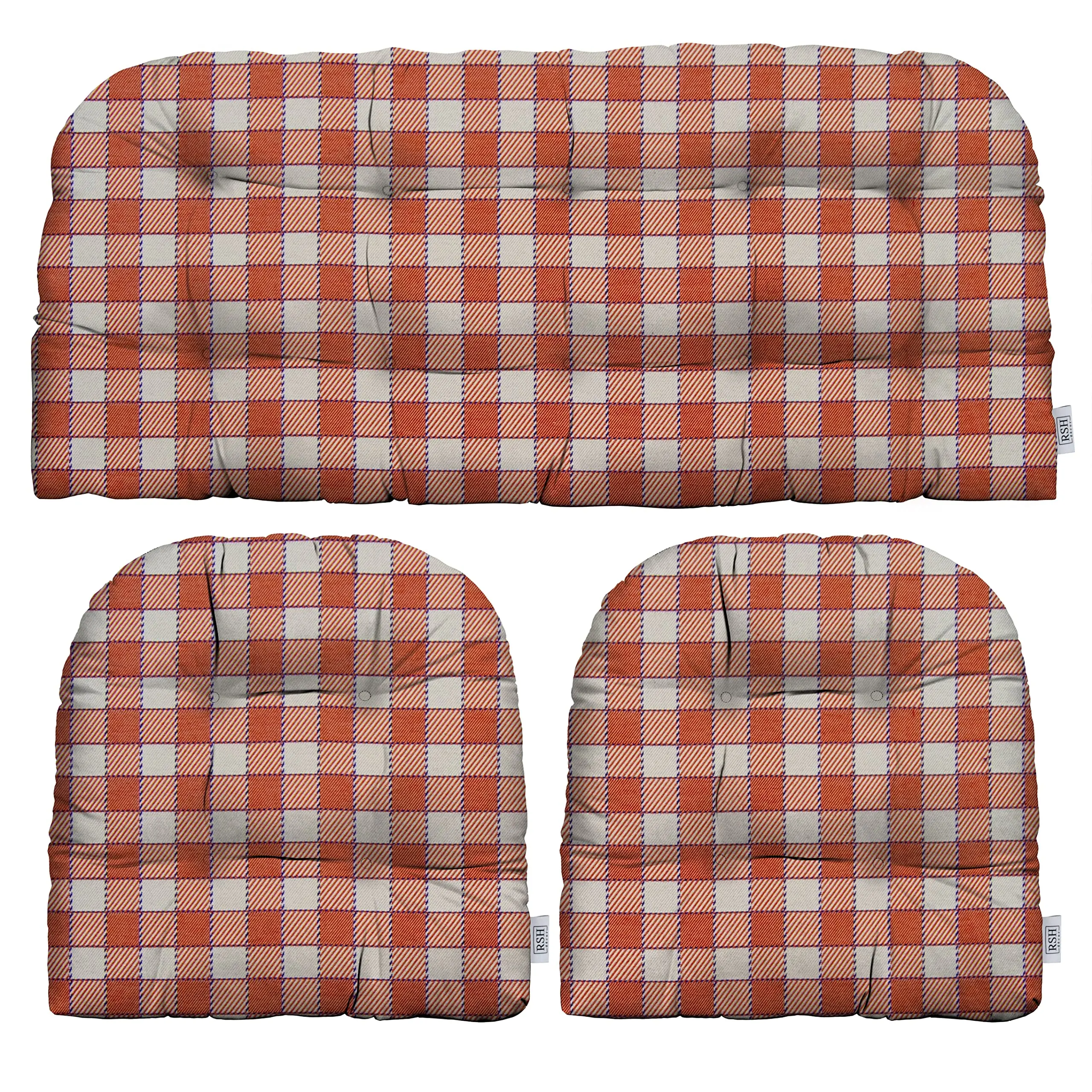 RSH Decor Wicker Tufted Cushion Set For Outdoor Patio Settee, Sunbrella Fabric, Encounter Orange Plaid, Made In USA