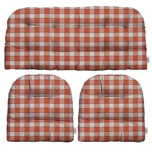 RSH Decor Wicker Tufted Cushion Set For Outdoor Patio Settee, Sunbrella Fabric, Encounter Orange Plaid, Made In USA