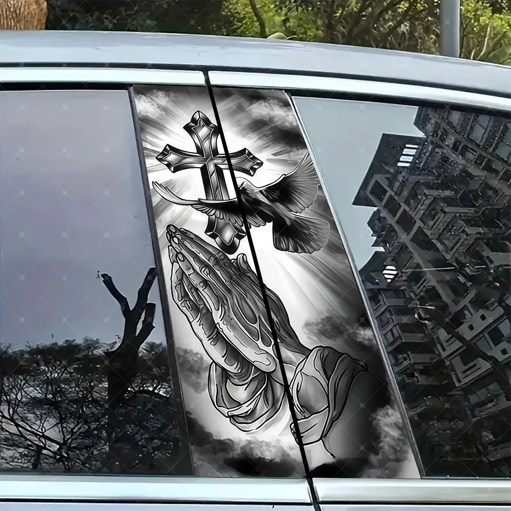 Vinyl Car Sticker Set (2 Pieces), Praying Hands & Cross Pattern, Waterproof Religious Theme Decal, Universal Car Sticker, for B Pillar and Car Doors, Car Decals, Graphic Decal, Decal For Cars, Vehicle Exterior Decoration