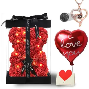 Red Rose Bear Gifts for Valentines Day, Flower Bear Rose Teddy Bear with Box Lights Necklace Balloon Card, Cute Romantic I Love You Mothers Day Anniversary Birthday Gifts & Decorations Set Eye