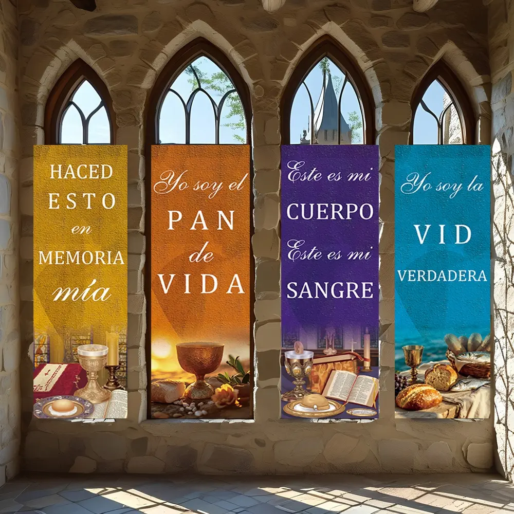 4 Pcs Religious Banners, Polyester Material Christian Eucharist Themed Vertical Hanging Banners With Classic Religious Scripture Design For Church Sanctuary Home Prayer Room Worship Space Wall Decoration