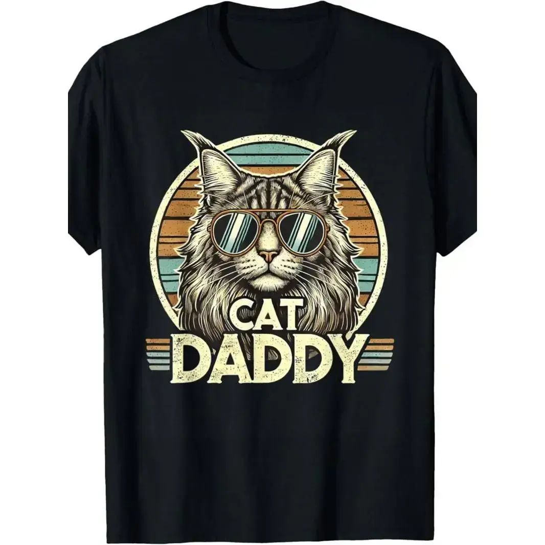 Men's Soft Simple Round Neck Casual Short-Sleeve Fitness T-Shirt - Menswear Cool Maine Coon Cat Dad Top for Father's Day Retro Cat Daddy Fans, Tshirt, All Seasons, Cotton Fabric, Retro Print, Shortsleeve, Casual Fit, Machine Wash Ok, Clothes, Elastic Stre