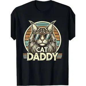 Summer t Shirts EWHCat Daddy Cool Maine Coon Cat Father's Day Retro Cat Dad T-Shirt