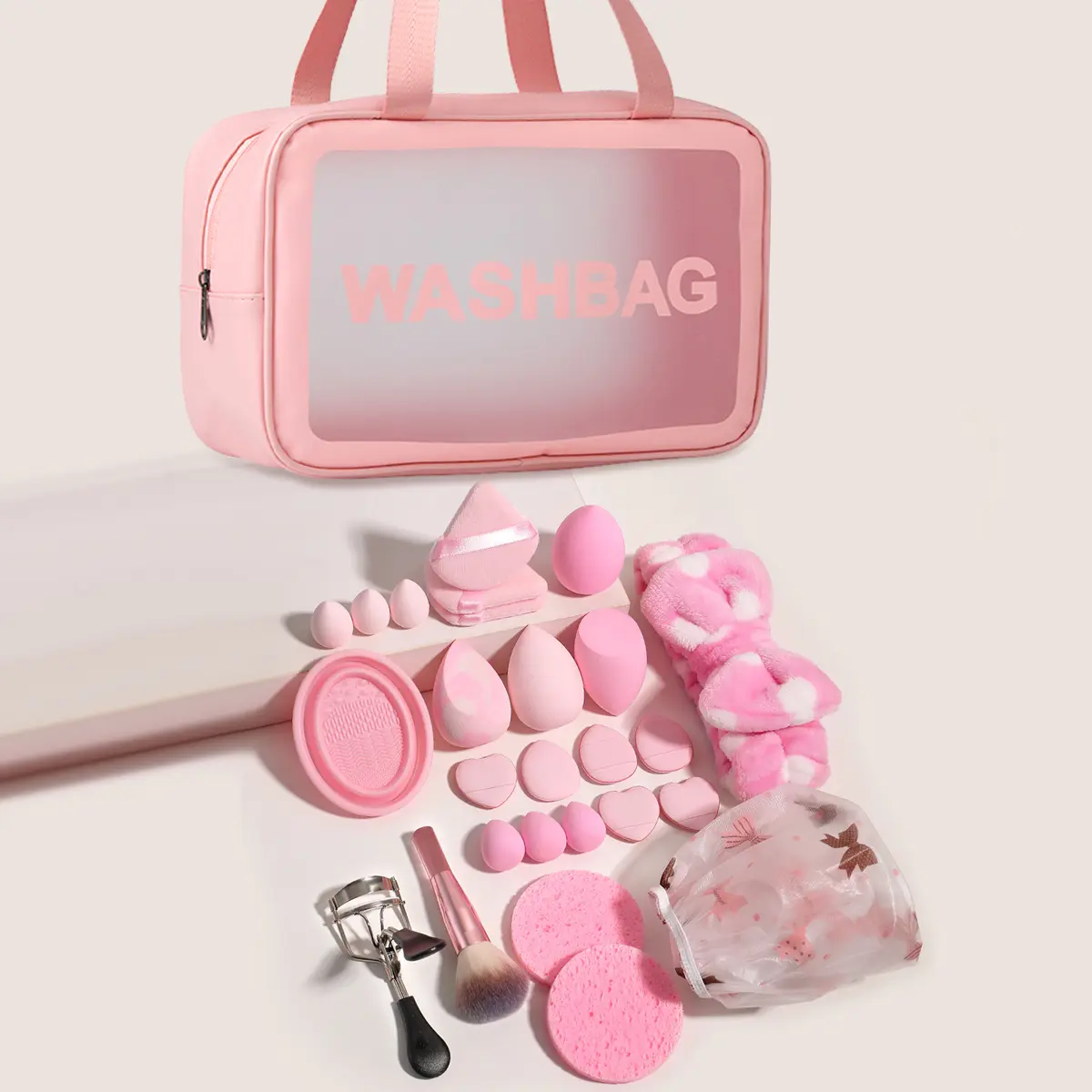 Pink Makeup Tool Kit for Beginners - Flawless Daily Use, Includes Waterproof Wash Bag, Beauty Sponges, Finger Puffs, Silicone Cleansing Bowl, Polka Dot Headband, Eyelash Curler, Makeup Brushes, Powder-Applicable, Portable Travel Cosmetic Gift Set, Storage