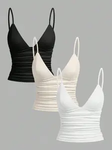 Women's Casual Slim Fit Knitted Tank Top Set, Summer Wear, Plain Design, Without Zipper & Buttons, Perfect for Daily
