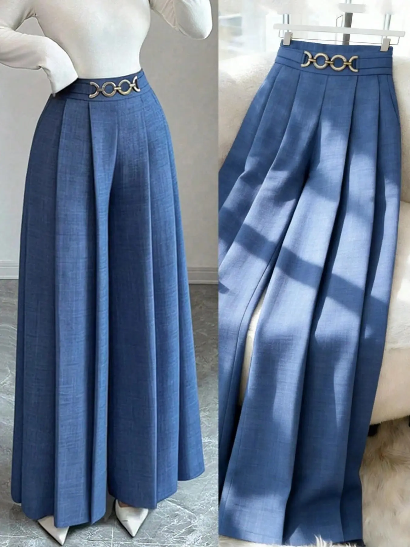 Elegant Zipper Wide Leg Straight Pants for Women, Casual Office Wear, Four-Season Knit Long Trousers, Comfortable and Stylish, Wide Legged Pants