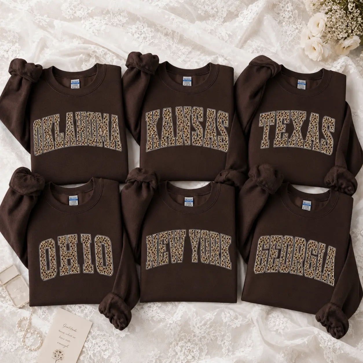 Custom State Name Leopard Print Crewneck, Personalized Oklahoma Kansas Texas Ohio New York Georgia Sweatshirt Vintage College Letter Pullover, Matching Family Gift, Unisex Sweatshirt Dark Chocolate - TrendWear USA