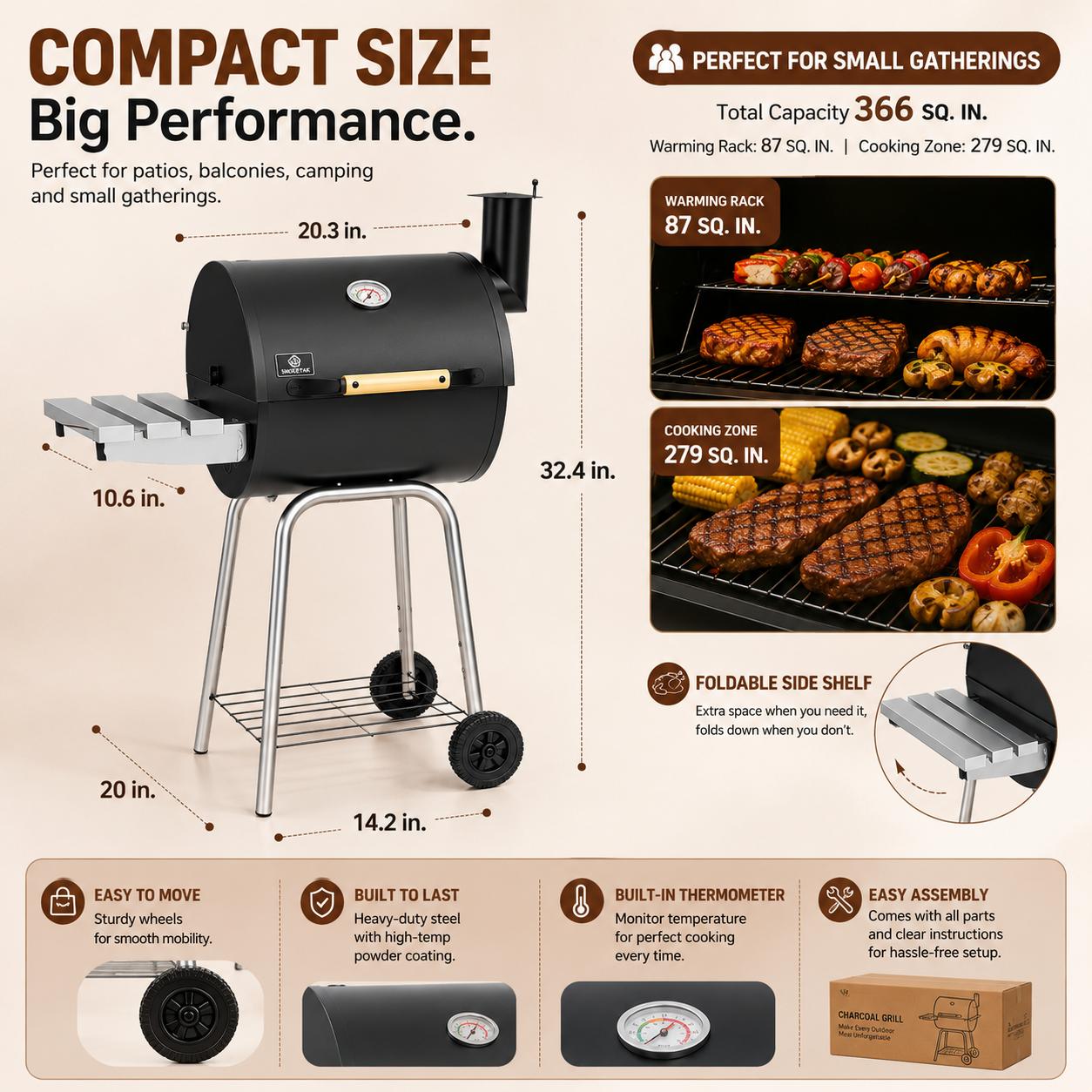 Compact Stainless Steel Barrel Shape Barbecue Grill - Barrel Space Saver, Balcony-Size BBQ Pit with Warming Rack for Patios, Grilling Outdoor Cooking, Bbq Charcoal Grills