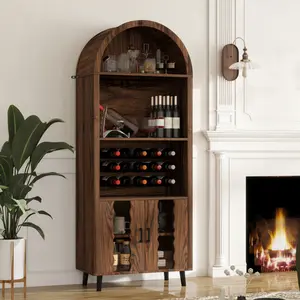 71 Inch Farmhouse Arched Bar Cabinet Tall Arched Display Cabinet Arch Wine Bar Cabinet and Coffee Bar Whiskey Station with Wine Rack and Wine Glass Holder for Living Dining Room