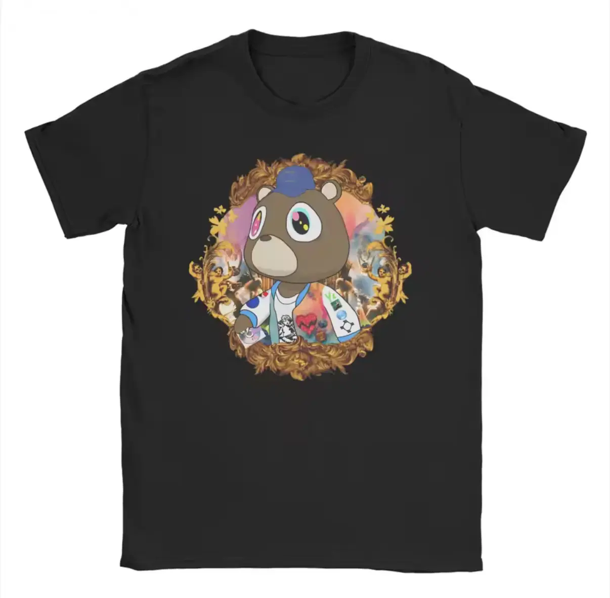 Unisex Graphic T-Shirt with Retro Graduation Bear Print, Breathable 100% Cotton Hip Hop Streetwear Top with Baroque Frame, Machine Wash, Retro Print, Unisex Fit, Golden, Shortsleeve, Casual, Menswear, Thanksgiving, Crew Neck, Soft, Tshirt, Dropout, Easter