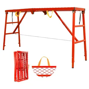 Red foldable alloy steel scaffold platform, 69"x15"x53", adjustable height & legs, 770lbs capacity. Portable multi-use for stairs, uneven ground, welding, painting, wiring, car washing, home decoration.