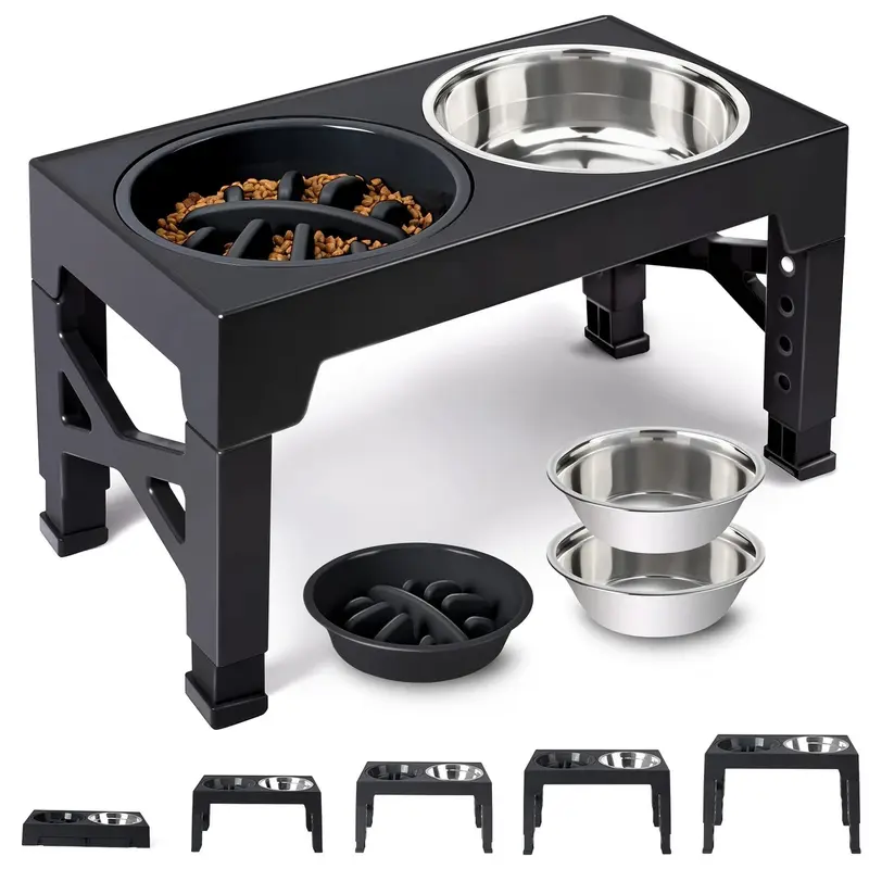 Adjustable Height Elevated Dog Feeding Stand & Kit - 5 Settings (3.2"-12.2"), 2 Stainless Steel Elevated Feeding Bowls, 1 Slow-Feed Bowl/Dish for Small to Large Pets