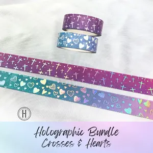 Holographic Crosses and Hearts Washi Tape, Christian Decorative Tape for Journaling, Planners, and Scrapbooking, Books of the Bible
