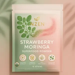 NZEN Moringa Strawberry Drink Mix, 15 servings per bag, for immune support, intestinal health, and vitamins.